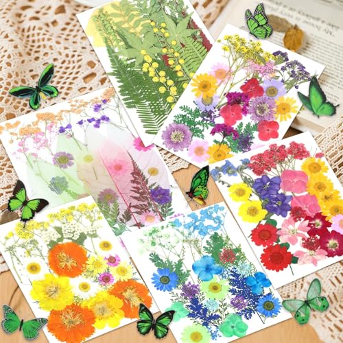 Image of 210 Pcs Dried Pressed Flowers for Resin, Dried Pressed Flowers for Crafts, Bulk Natural Dried Flowers Kit with DlY Butterfly Stickers&Tweezers for Resin Molds, Candles, Soap,Jewelry Making, Art Crafts