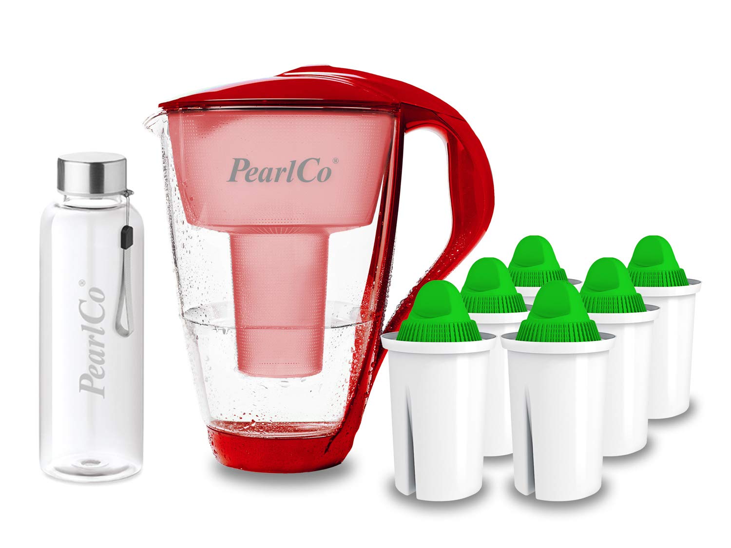 PearlCo - Szklany filtr do wody (czerwony) z 6 wkładami filtrującymi alkalicznymi Classic + 1 butelka do picia ze szkła