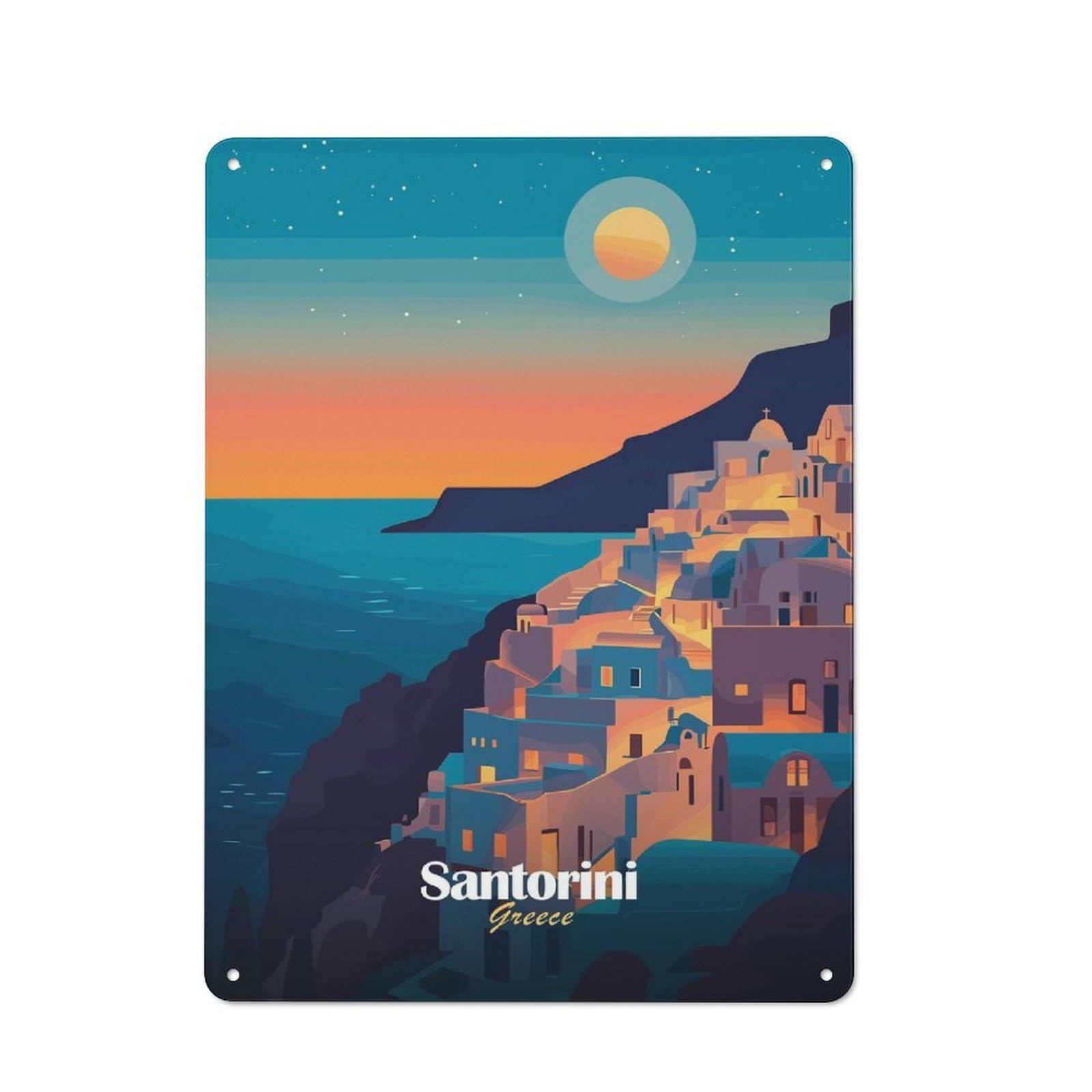 Vintage Metal Plaque 40x30cm Featuring Santorini Sunset, Diner Style Decor for Restaurant, Kitchen, Counter Or Breakfast Nook