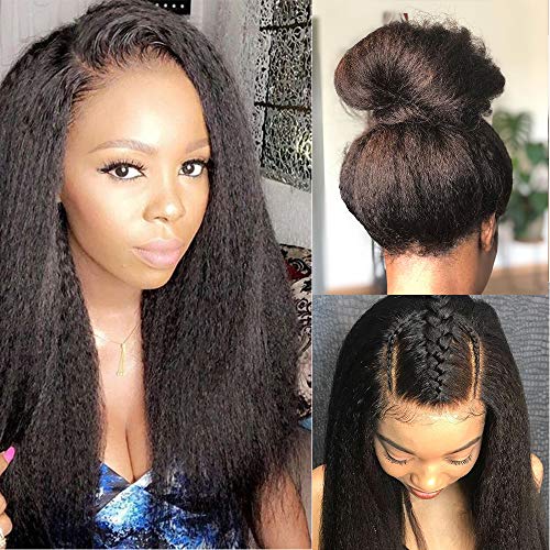Glueless 360 Lace Frontal Wigs Kinky Straight Human Hair Wig with Baby Hair Pre Plucked Italian Yaki 360 Lace Front Wigs For Women 150 Density Peruvian Remy Hair Natural Hairline (8 inch, KS)