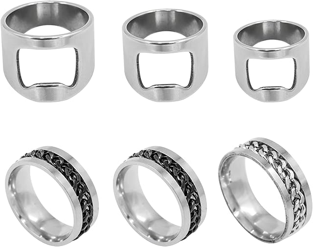 ANOTHEEE 6Pcs Stainless Steel Bottle Opener Rings Beer Bottle Opener Rings Link Shaped Band for Removing The Crown Seal and Cap of Drinks