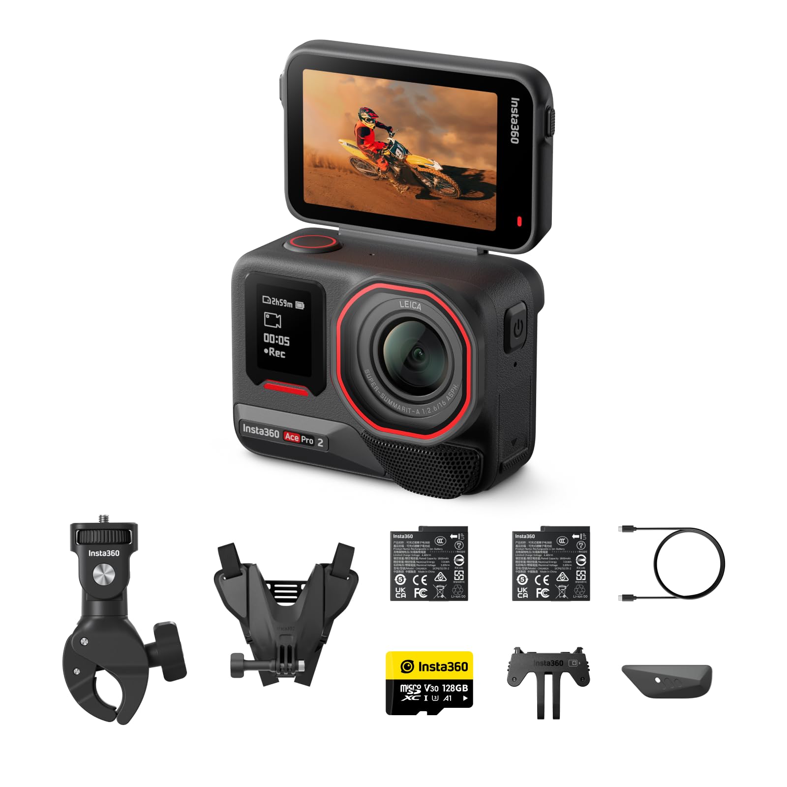Insta360 Ace Pro 2 Motorcycle Bundle Dual Battery - 8K Waterproof Action Camera Co-Engineered with Leica, 1/1.3" Sensor, Dual AI Chip, Leading Low
