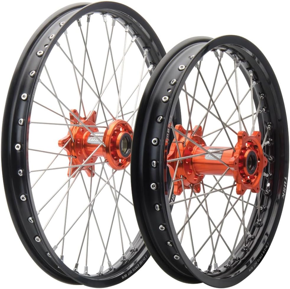 TUSK Impact Complete Front and Rear Wheel 1.60 x 12/1.60 x 10 Black Rim/Silver Spoke/Orange Hub for KTM 50 SX 2015-2023