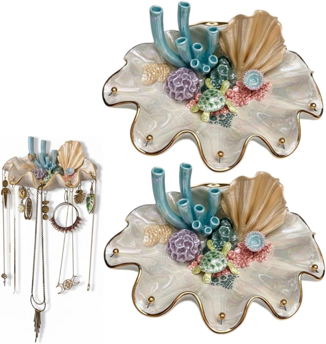 Sea Shell Wall Hanging,Handcrafted Ocean-Inspired Jewelry Organizer,Boho Necklaces Bracelet Earrings Ring Dish Tray,Home Decor for Bedroom Bathroom