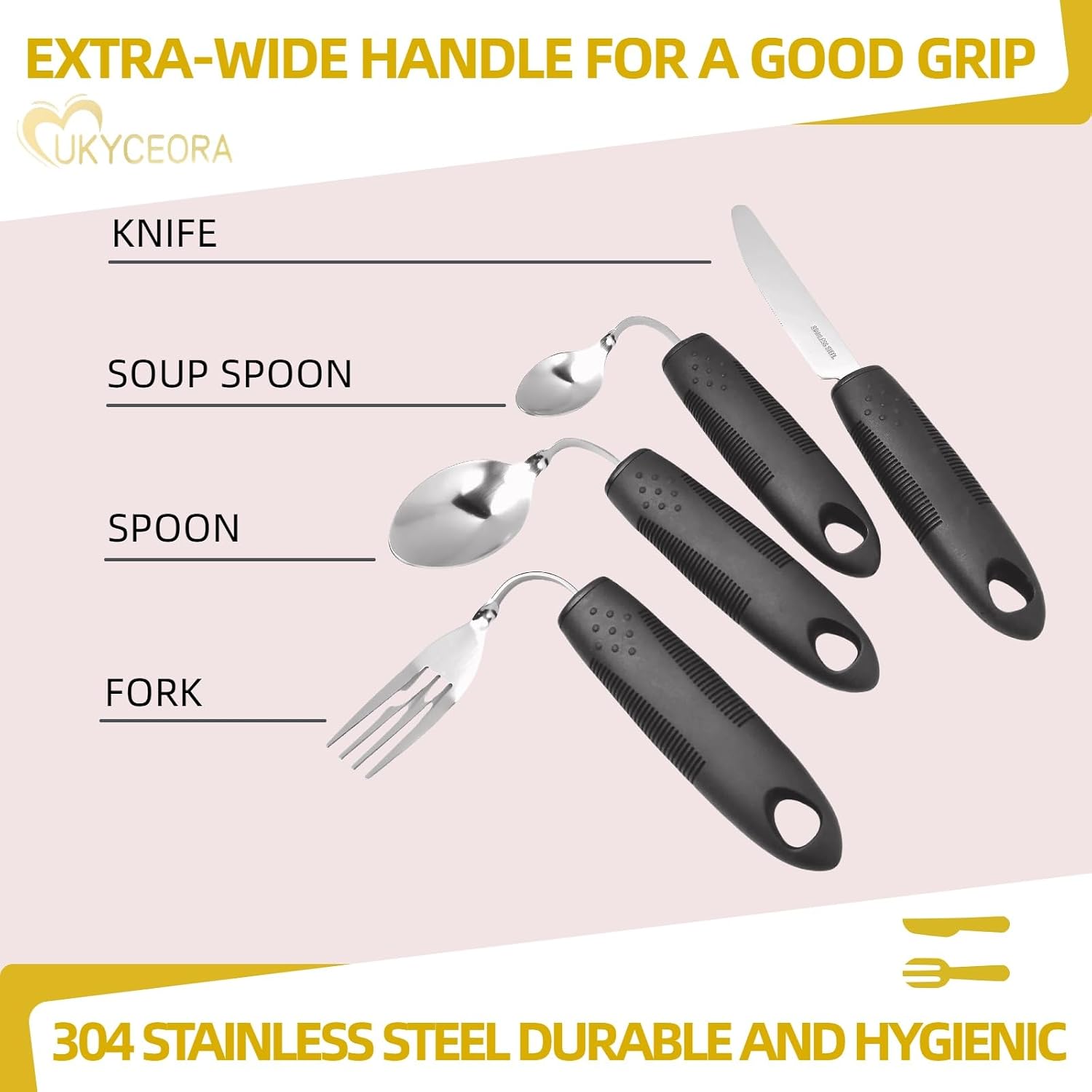 Adaptive cutlery with widened non-slip handles, feeding aid tableware suitable for patients with hand tremors, arthritis, Parkinson's disease or the elderly (black 4-piece set)