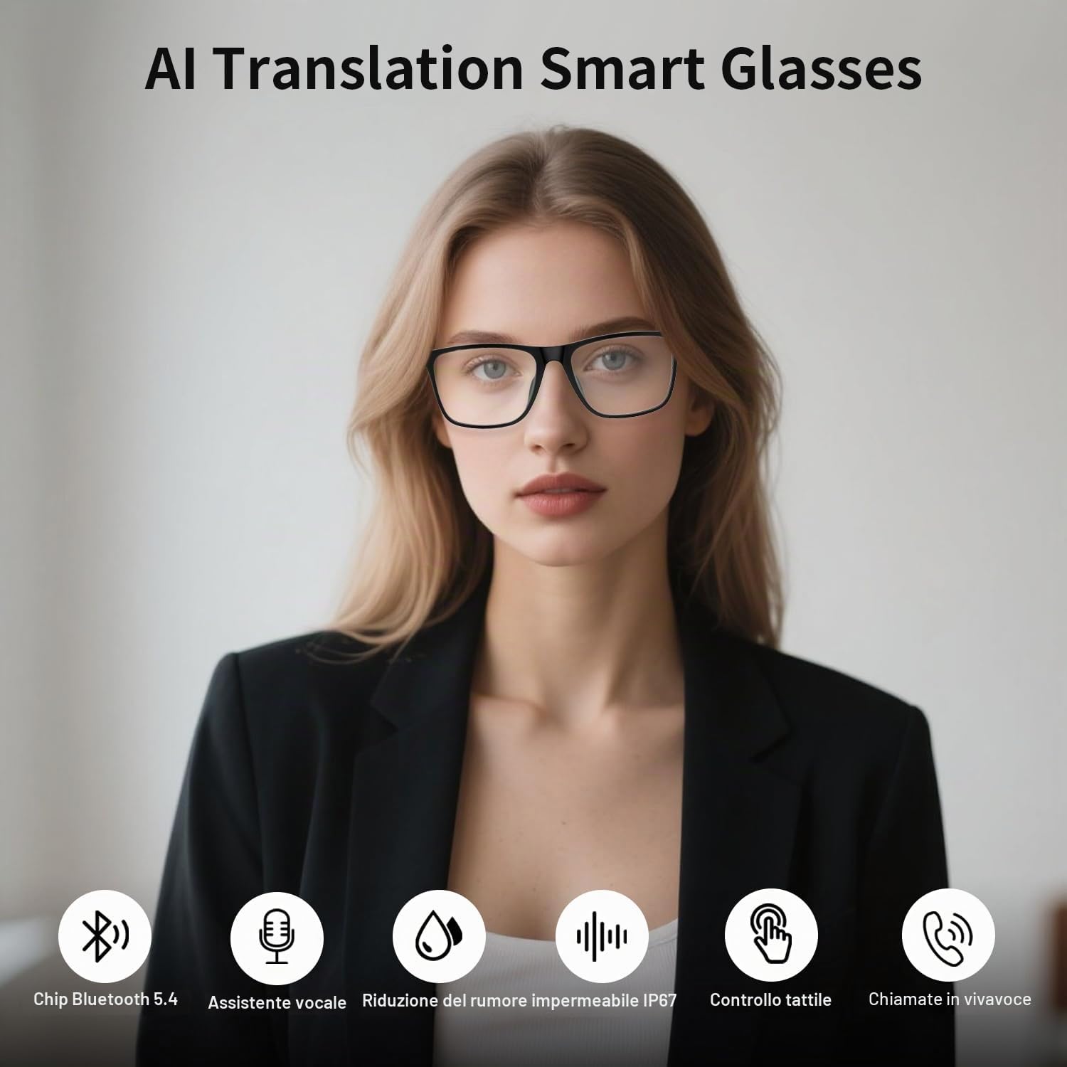 Occhiali intelligenti per traduttore AI con chat GPT, traduzione in tempo reale, occhiali Bluetooth per uomini e donne con oltre 160 lingue, lenti fotocromatiche, supporto audio/video