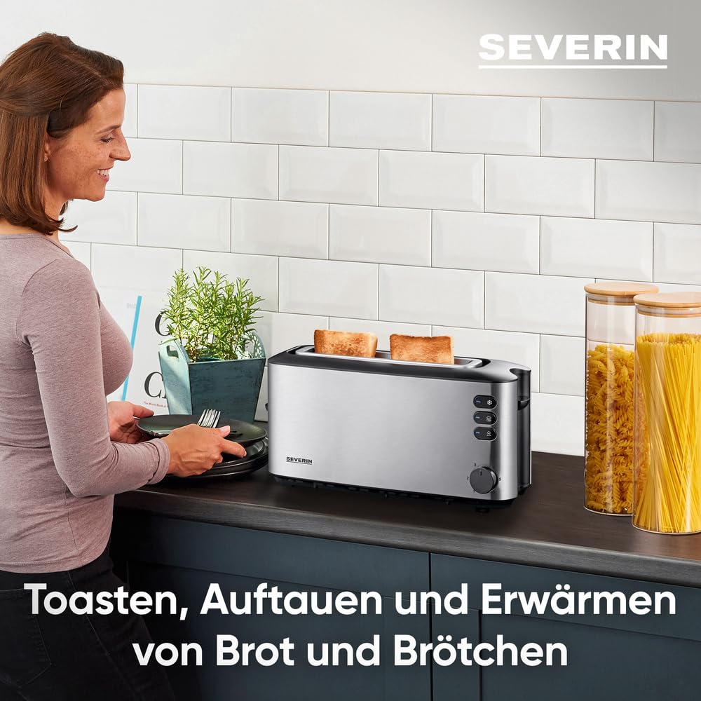 SEVERIN Automatik-Langschlitztoaster, Automatik-Toaster mit Brötchenaufsatz, aus Edelstahl, zum Toasten, Auftauen und Erwärmen, 1.000 W, Edelstahl-gebürstet/schwarz, AT 2515