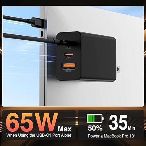 Miniatura 4 de Cargador rápido USB-C de 65 W, bloque de carga de 3 puertos y cable USB-A a C de 3+3 pies y 6+6+10+10 pies tipo C a C para Samsung Galaxy Negro