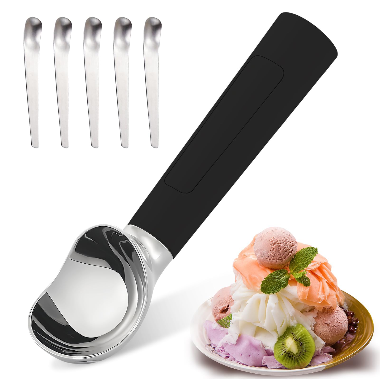 Cuillère à Glace chauffante électrique, 2000 mAh, Intelligente, avec écran LCD numérique et 5 cuillères à Dessert, étanche IP67, Facile à Nettoyer, capacité de 56 g Black