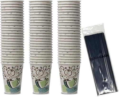 Straws and Dixie PerfecTouch - Taza térmica de papel caliente, 75 unidades, tazas de café de 12 onzas y paquete de palitos para beber/agitar (12