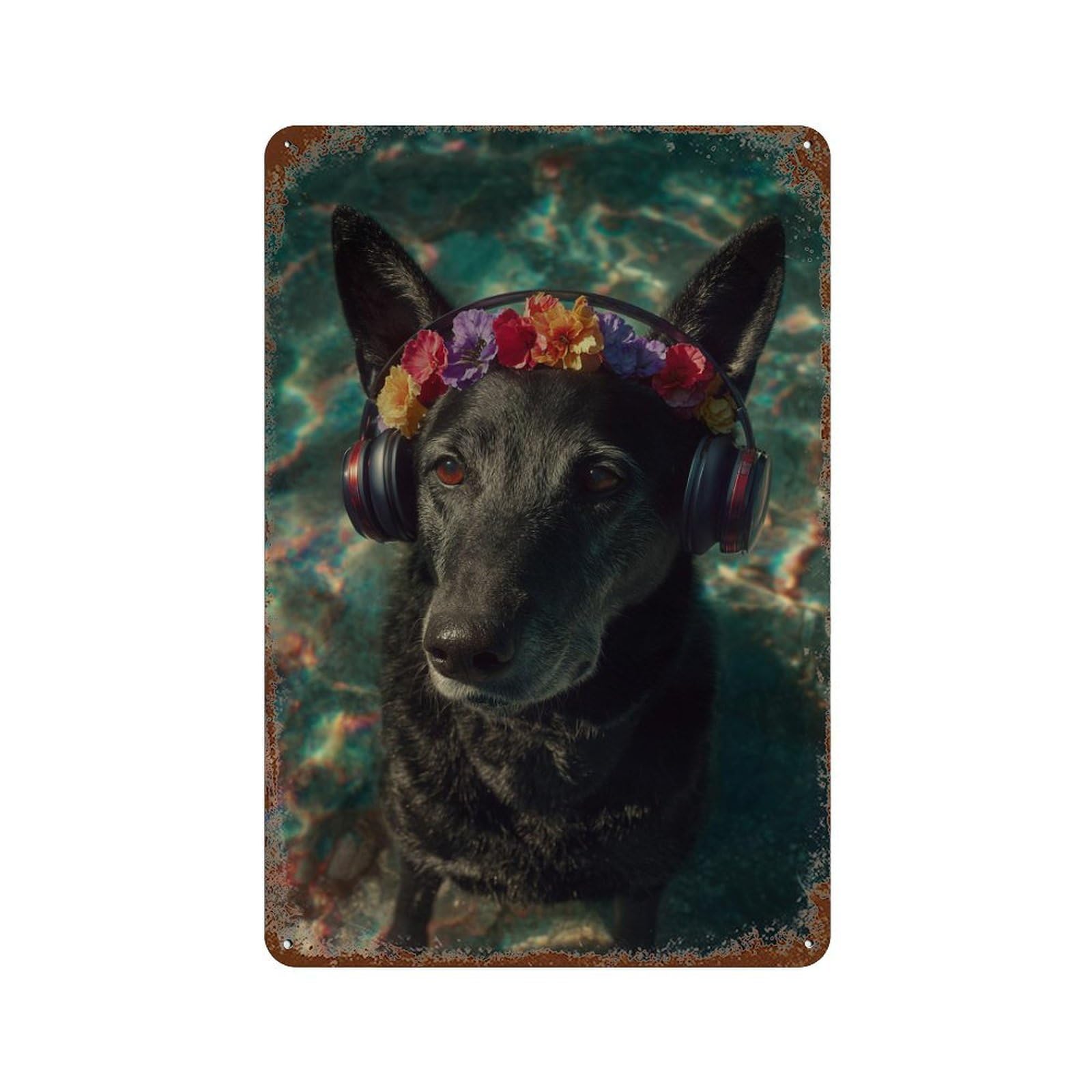 Dog with Headphones Underwater Retro Metal Sign 11.8"x7.9", Old School Wall Decor for Garage, Pub Or Kitchen