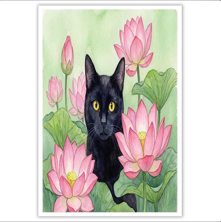 Lienzo de gato negro estilo retro con loto rosa y verde para decorar el salon 70x100cm