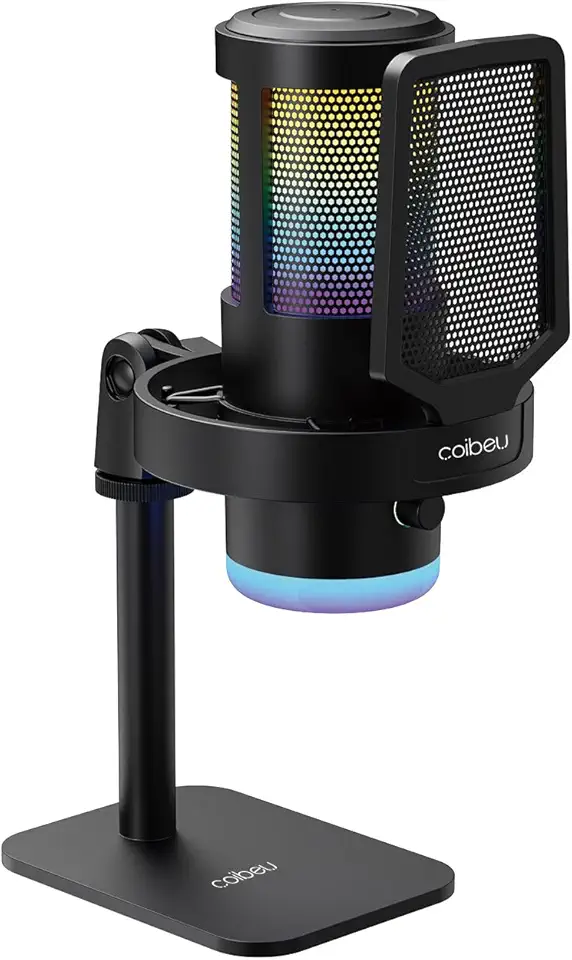 Microfone Condensador RGB, Microfone de Mesa, Microfone Gamer – Com Cancelamento de Ruído, Plug-and-Play, Controle de Volume e Eco, com Shock Mount e Pop Filter – Ideal para Gravação, Podcast