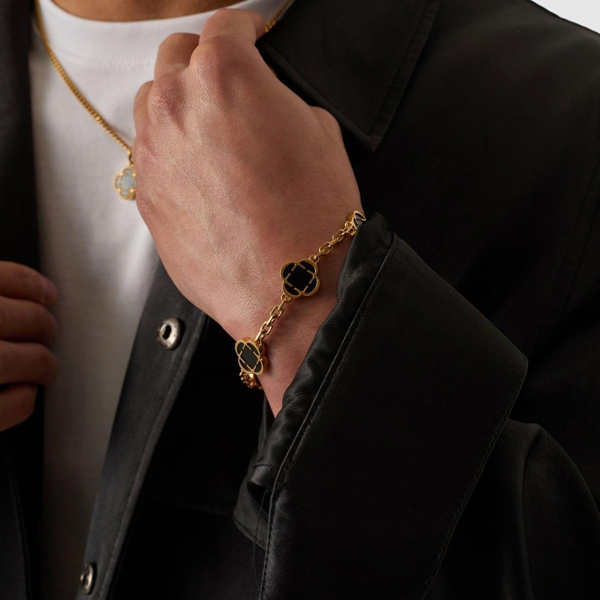 CRAFTD - Black Onyx Clover Stone Gold Bracelet - Durable 18K Gold & 316L Stainless Steel - Waterproof, Heat & Sweat Resistant - Gifts for Men - Men's Jewelry