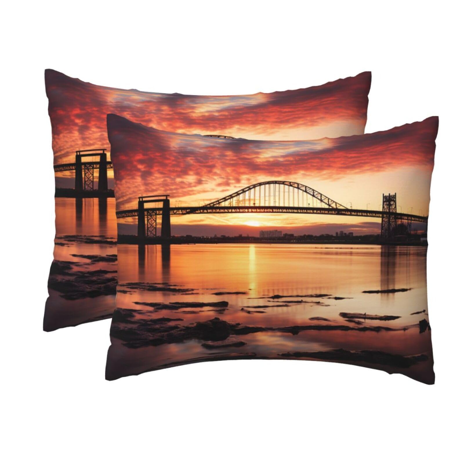 2 Pack Standard Pillow Cases with Hidden Zipper, Soft Breathable Pillow Covers for Hair and Skin, Newark Bay Bridge and Sunset Pillowcases 20"x26" Bed Pillow Protectors Cover for Sleeping Gifts