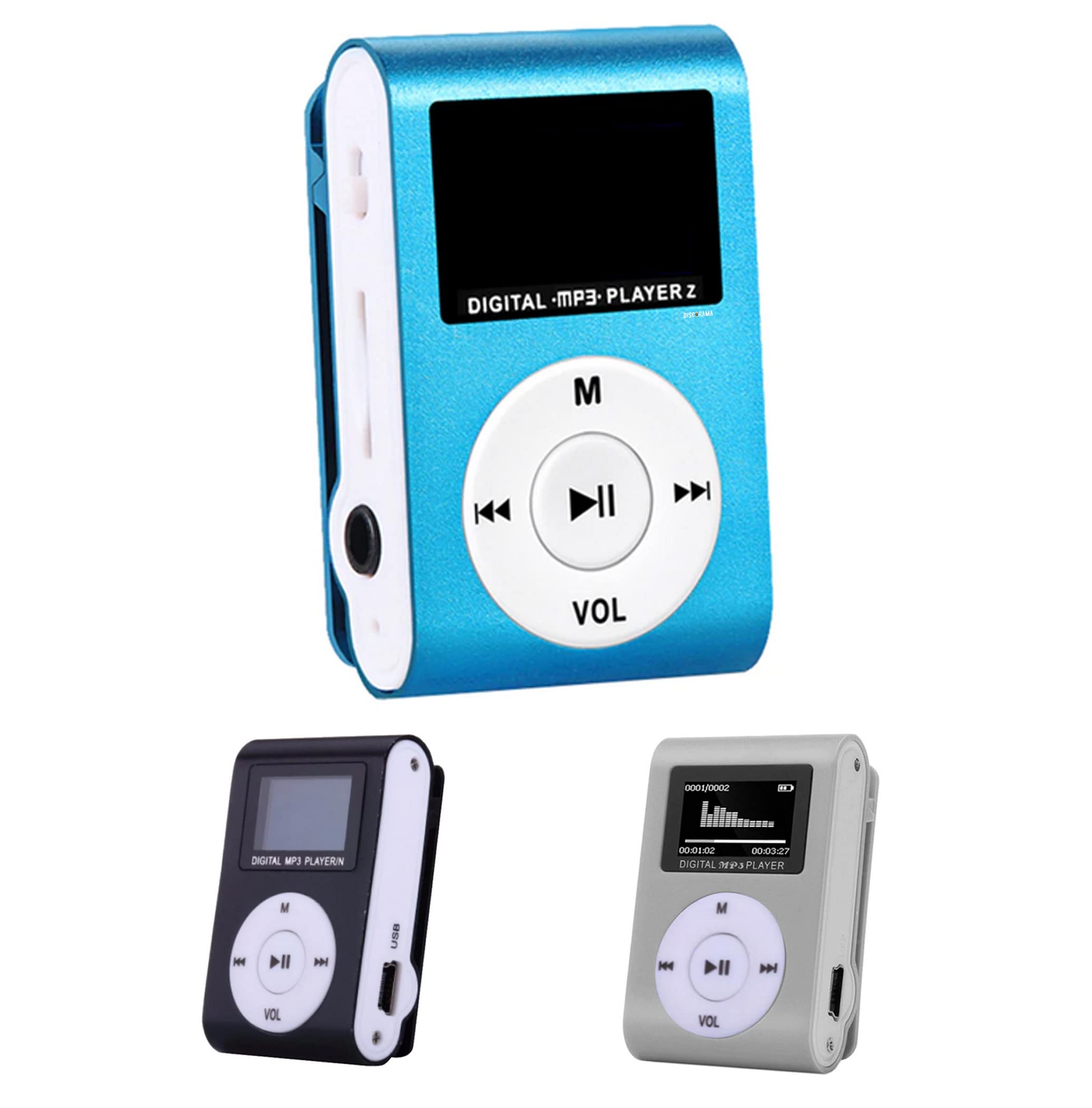 LETTORE MUSICALE MP3 PORTATILE CON SCHERMO DIGITALE LCD, LETTORE MULTIMEDIALE MP3 CON MINI CLIP, CUFFIE E CAVO, RADIO FM - DISCORAMA® (AZZURRO)