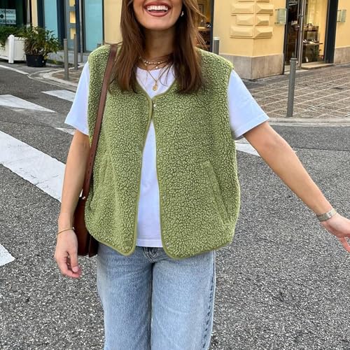 Women Fuzzy Fleece Sleeveless Vest Fall Winter Snap Button Up Warm Outerwear V Neck Trendy Casual Solid Cardigan2