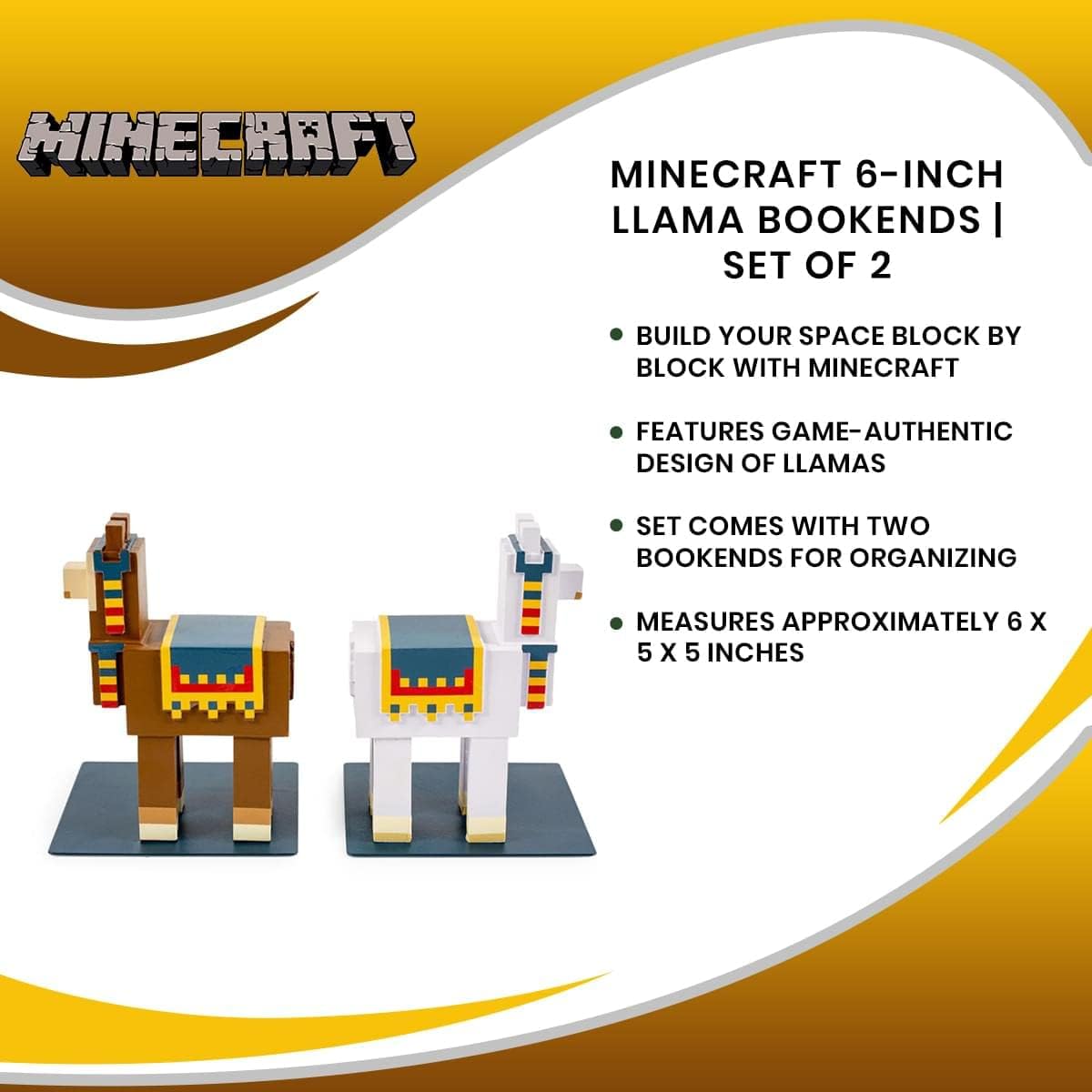 Minecraft 6-Inch Llama Bookends, Set of 2 | Bookshelf Decor Room Essentials, Storage Organizer for Shelves and Desktops, Book Stoppers | Video Game Gifts and Collectibles