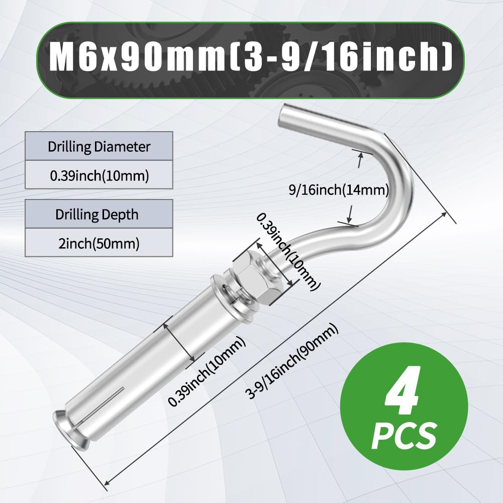 Concrete Anchors with Open Hook M6x90mm 3-9/16" Expansion Screw Bolts