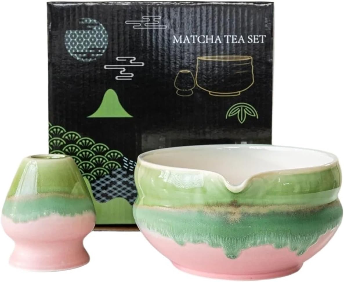 Ceramic Matcha Bowl Reusable Multicolored Making Kit With Pouring Spout Tea Set Lovers(Pink-2pcs)