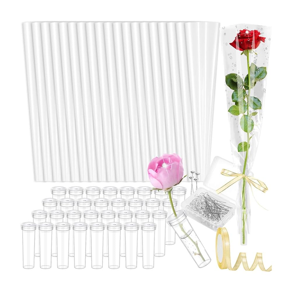 CTRLZS 50 Pcs Single Rose Sleeve with Single Flower Sleeve, Pins and Ribbon for Bouquets Valentine'S Day Mother'S Day for Valentine'S Day Mother'S Day