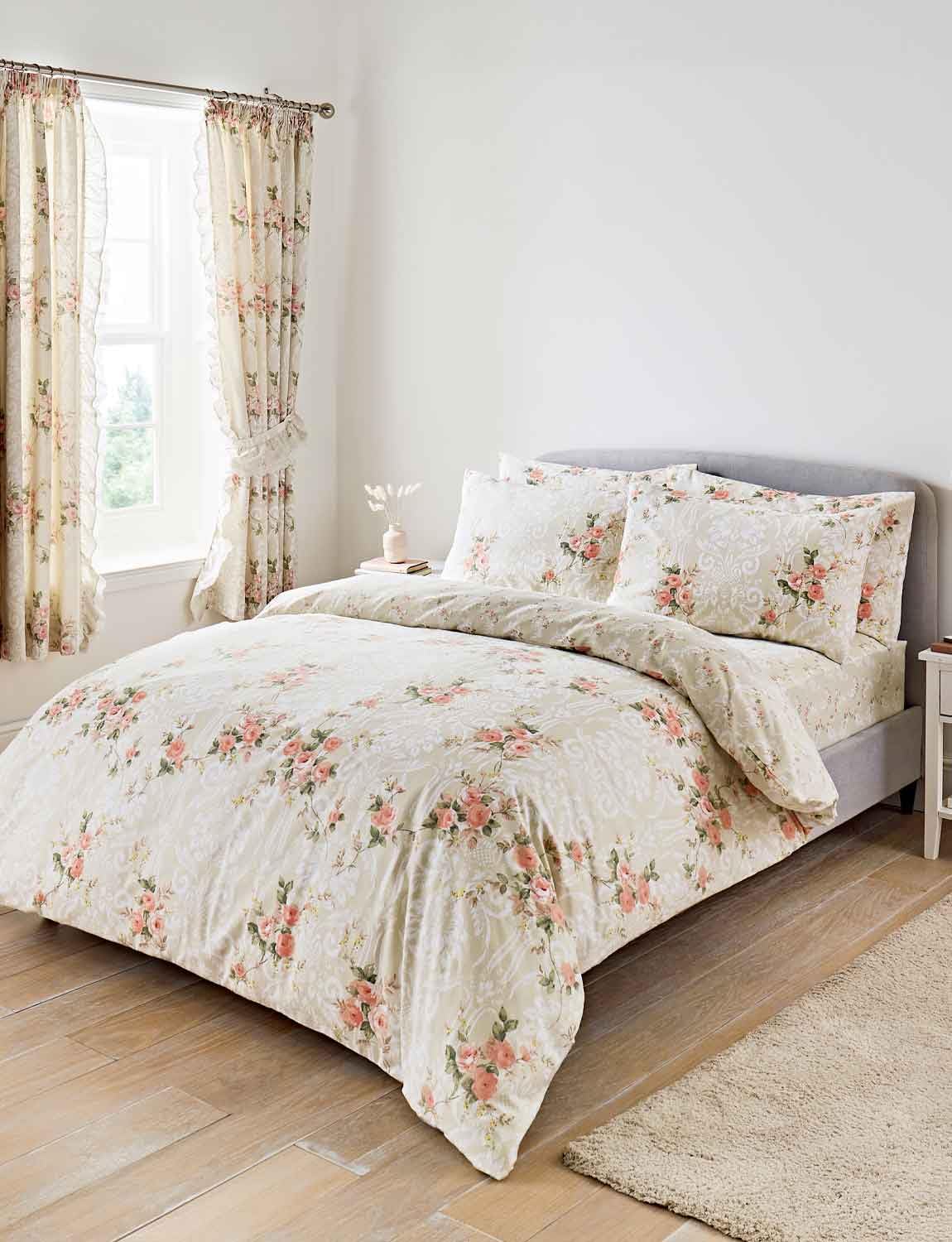 Vantona Soft Charlotte Flannelette Quilt Cover Set with Floral Print Warm and Cosy Bedding 100% Cotton Duvet Cover Cream Single