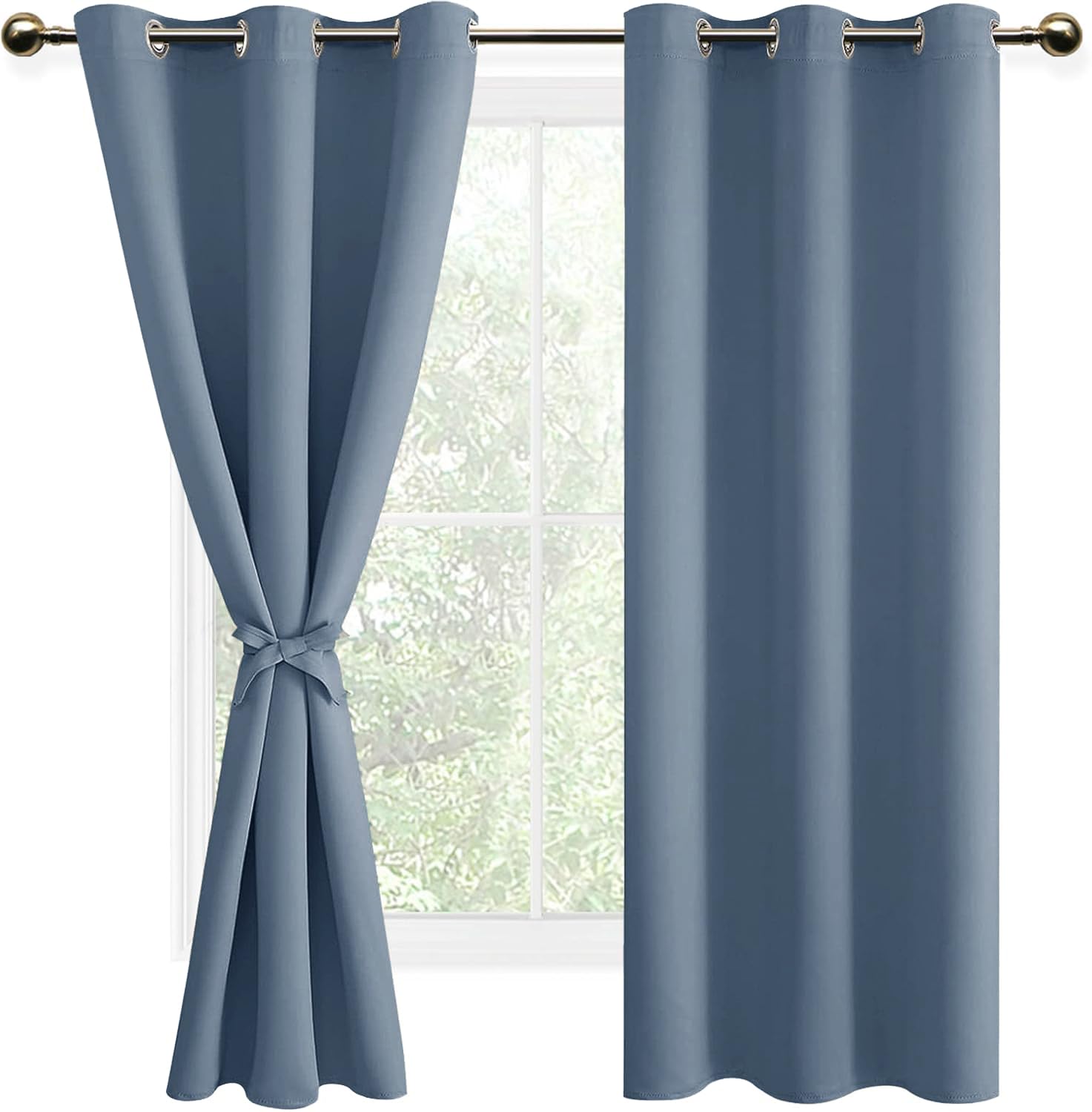 DWCN Blackout Curtains with Tiebacks for Bedroom Thermal Insulated Solid Eyelet Curtains for Living Room 46x72 Inch, Haze Blue,2 Panels โ image 1