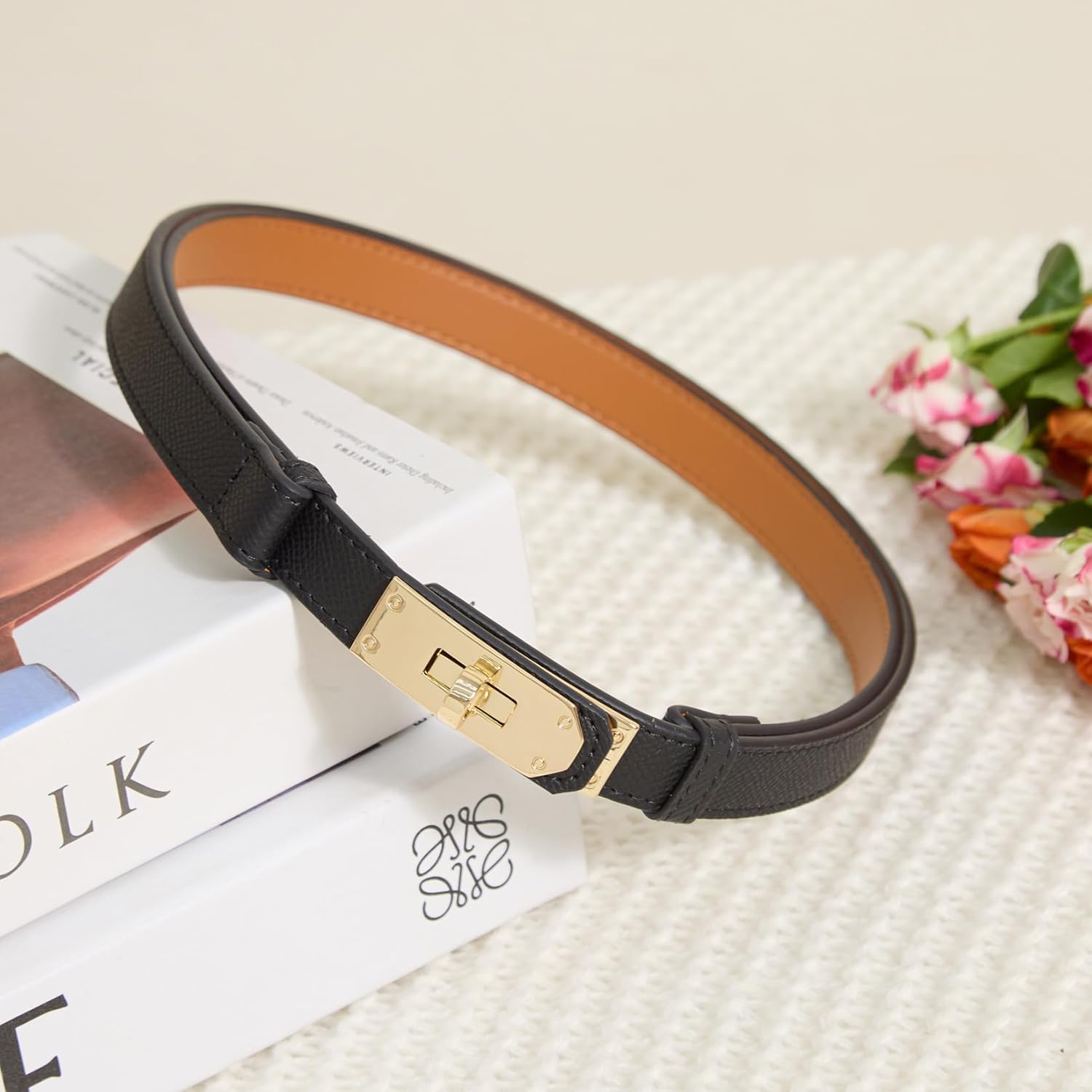 Fianmy Women‘s Thin Leather Belt - Adjustable Gold/Silver Buckle for Office, Wedding & Jeans - Image 3