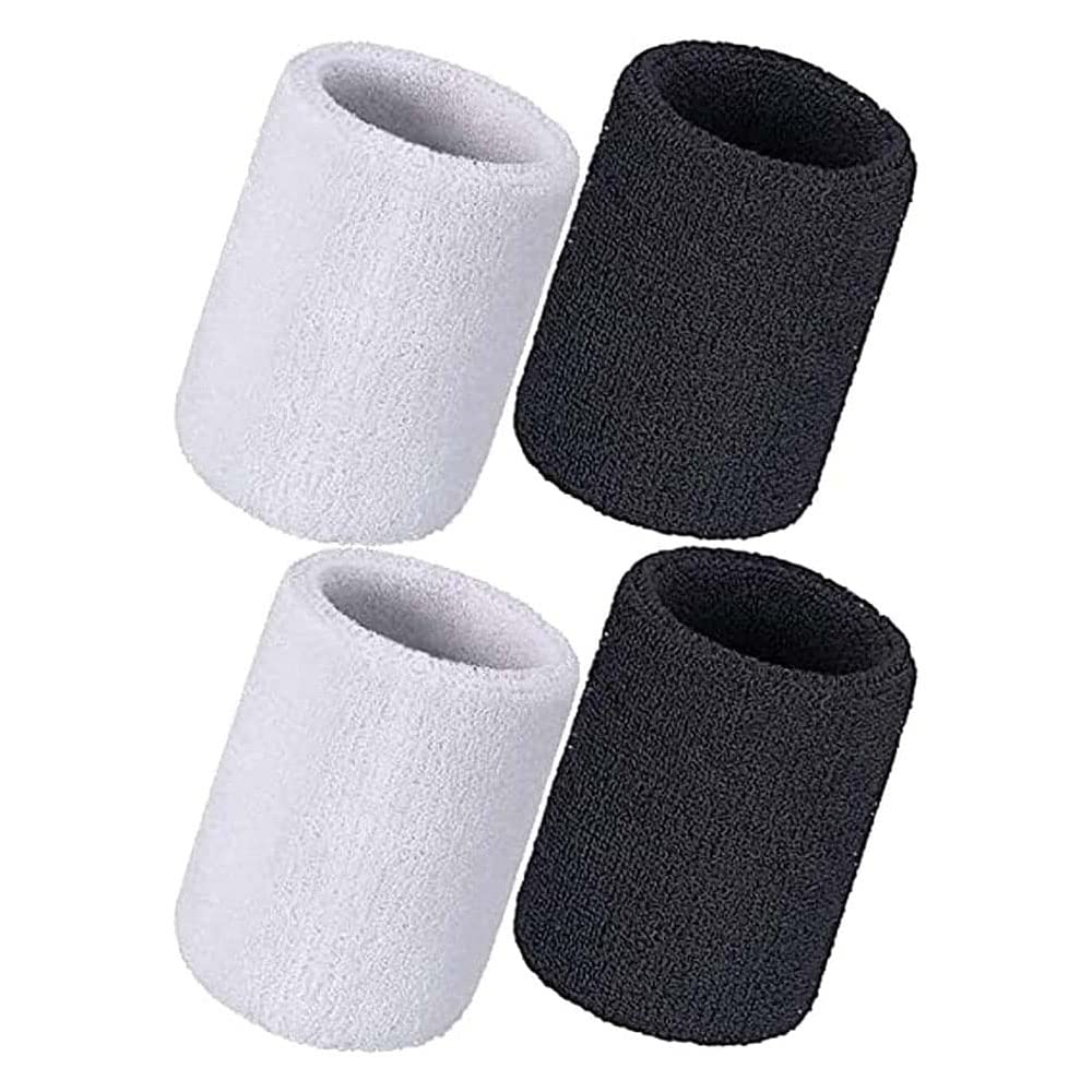 Merin 4 Pack Absorbent Sweat Bands, Soft Cotton Wrist Sweatband, Thick Wristband Soft Cloth Wristband, Suitable for Football Basketball, Running Athletic Sports, White And Black