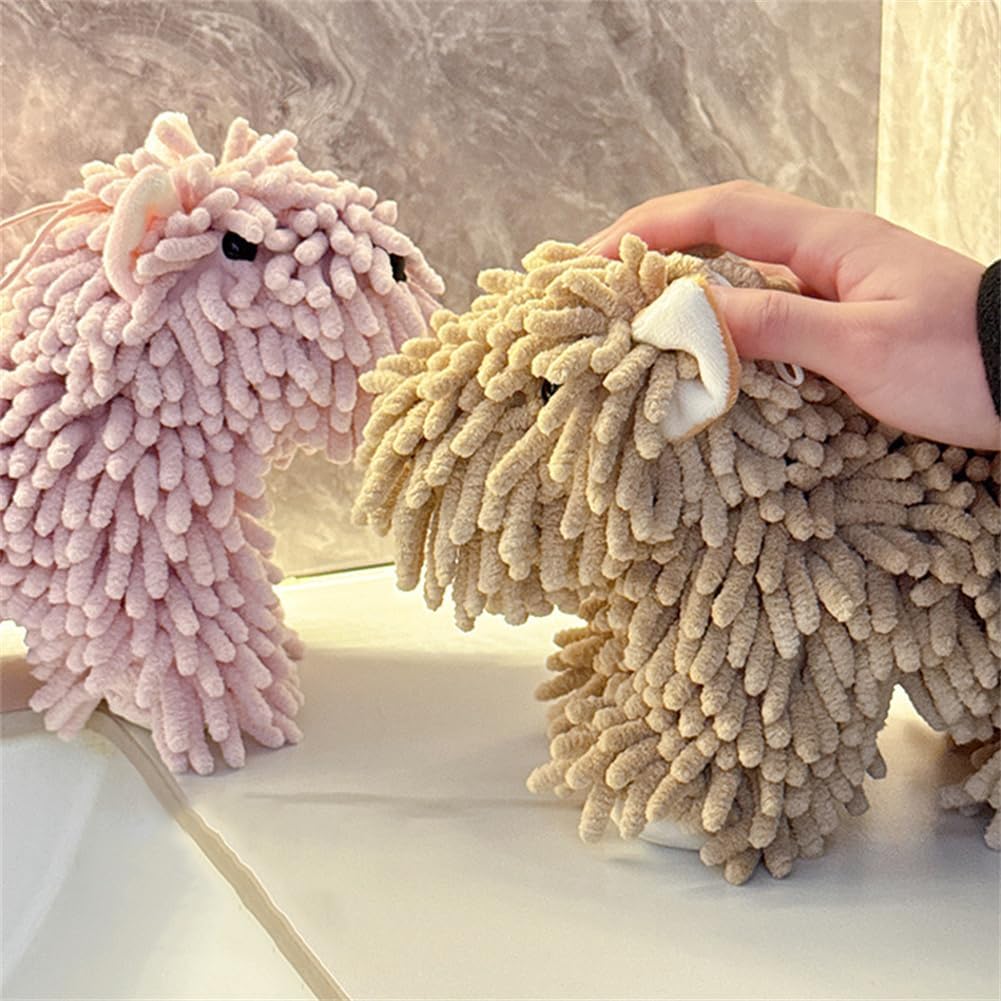 Chenille Hand Towel - Cute Cartoon Dog Plush Fuzzy Ball Hand Towel, Super Absorbent Hanging Kitchen & Bathroom Towels for Kids, Soft Hand Drying Puff for Bath, Washstand (White)
