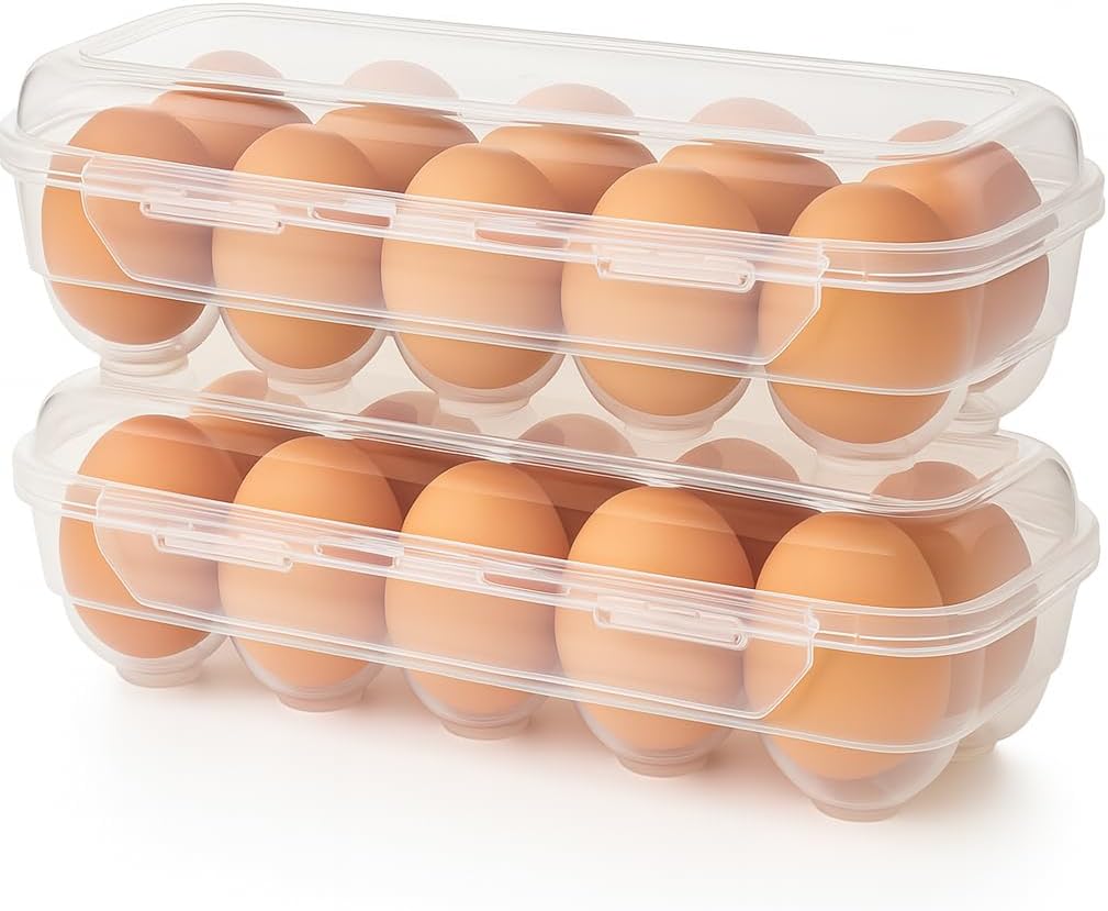 Egg Box with Lid – Pack of 2 Transparent Organisers – Plastic Container for 10 Eggs – Stackable, Reusable, Ideal for Fridge and Kitchen