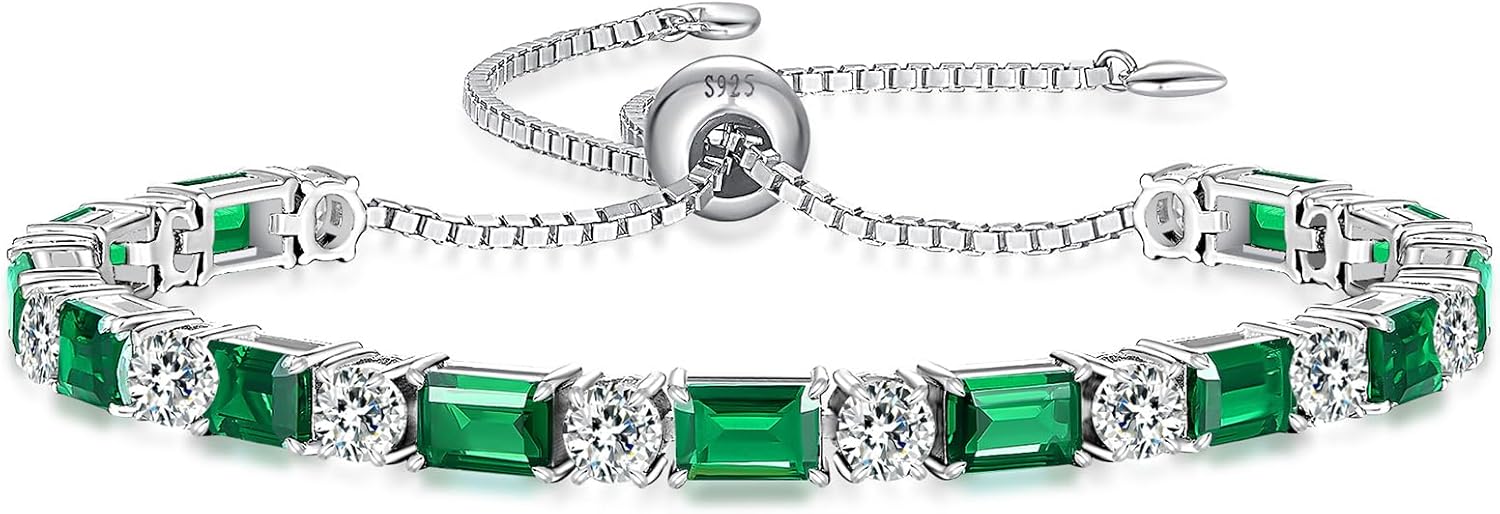 Birthstone Tennis Bracelets for Women White Gold Sterling Silver Gemstone Bracelets Adjustable Chain 6-9 Inchs Jewelry Anniversary Birthday Gifts for Women Mom Wife Her
