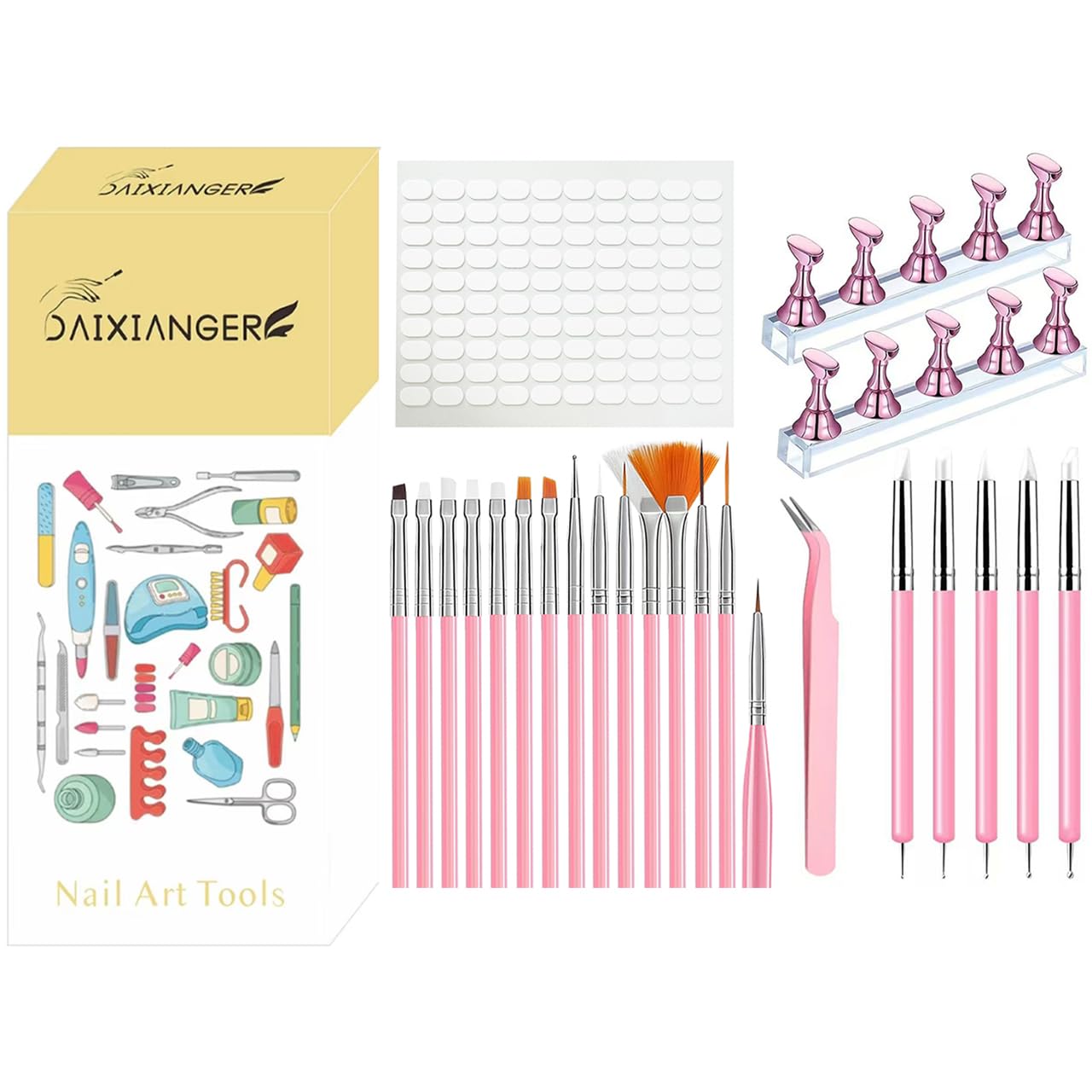 34Pcs Nail Art Brush Set, Pink Nail Brushes with Silicone Nail Sculpting Tool, Dotting Pen, Nail Practice Stands for Nail Painting, Nail Art Display & DIY Manicure
