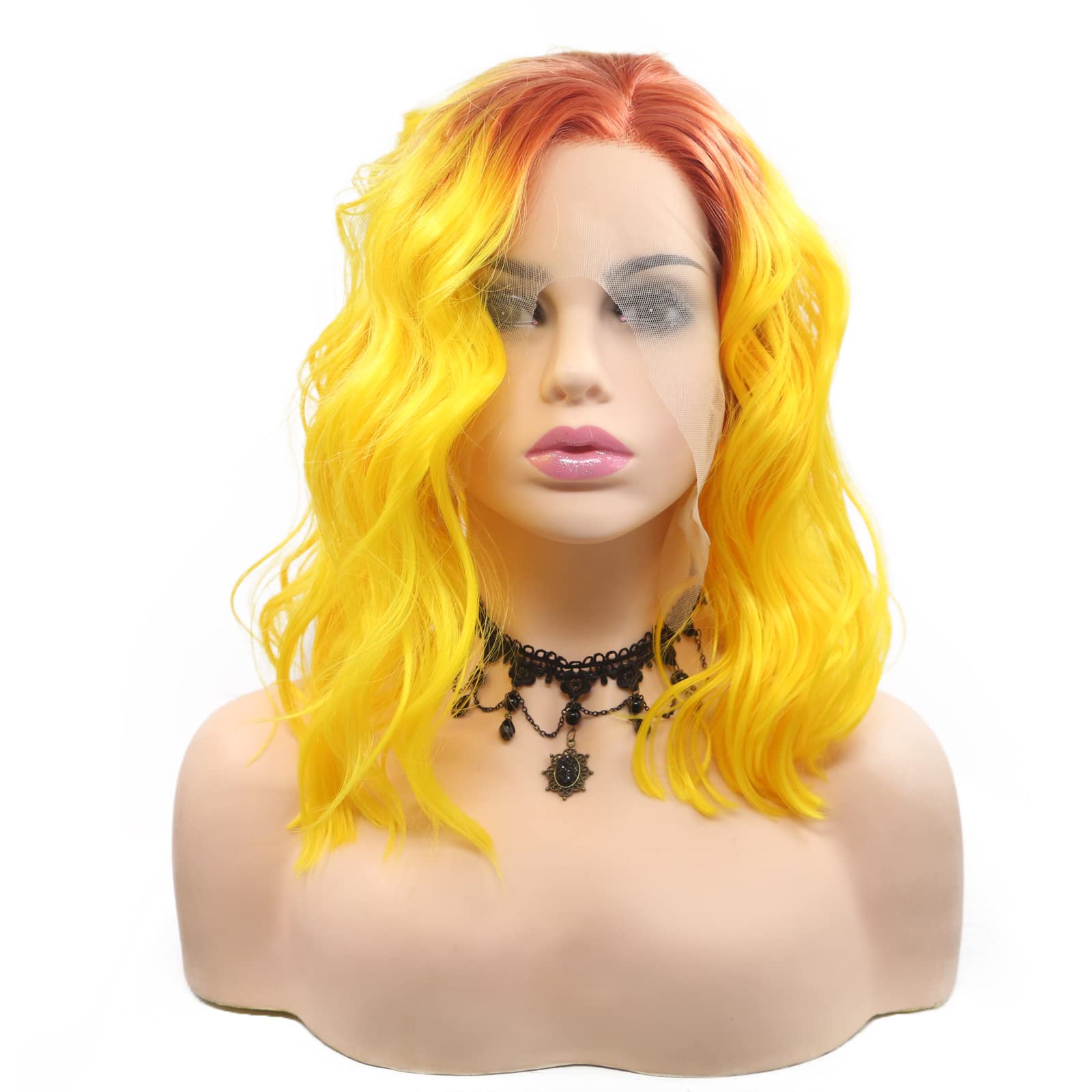 AFBeauty Orange Yellow Bob Wig Soft Curly Wave Lace Front Wigs for Women Real Natural Hairline Ombre Red Orange Color Short Hair Glueless Synthetic Heat Resistant Cosplay Daily 14Inch - Image 3