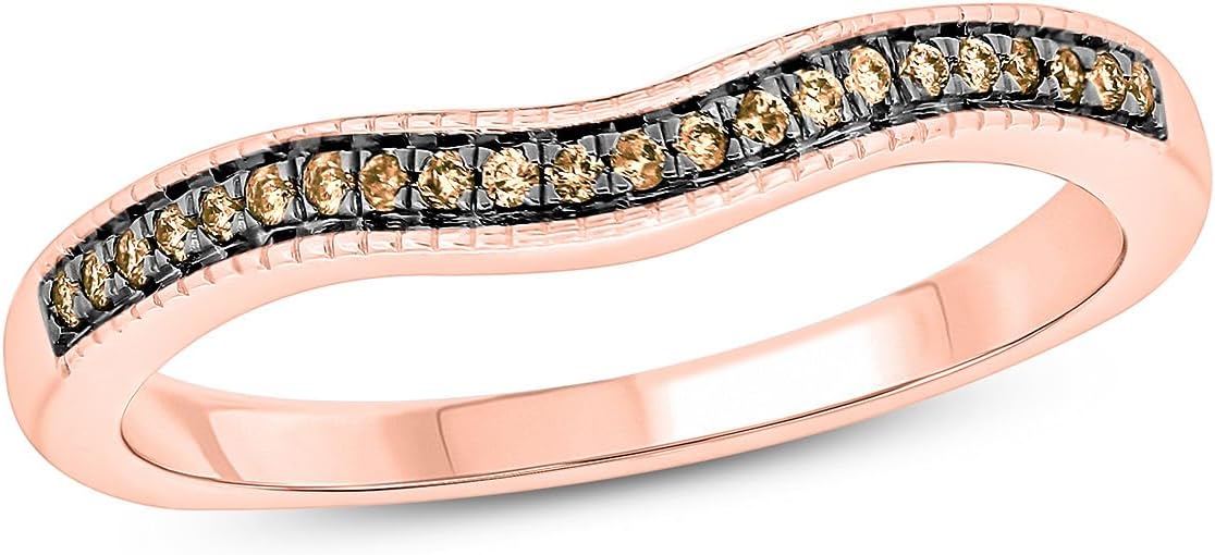 Cali Trove 1/10 Ct Natural Diamond Rings in Champagne Diamonds and White Diamonds | 10Kt White and Rose Gold | Stackable Wedding Bands | Curved Layered Rings | Gifts for Her
