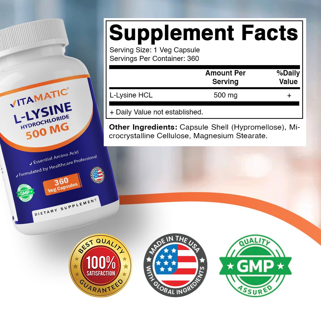 Vitamatic L-Lysine 500 mg, 360 Vegetarian Capsules – Essential Amino Acid Supplement, Non-GMO, Gluten Free, Made in USA — Amazon image 2