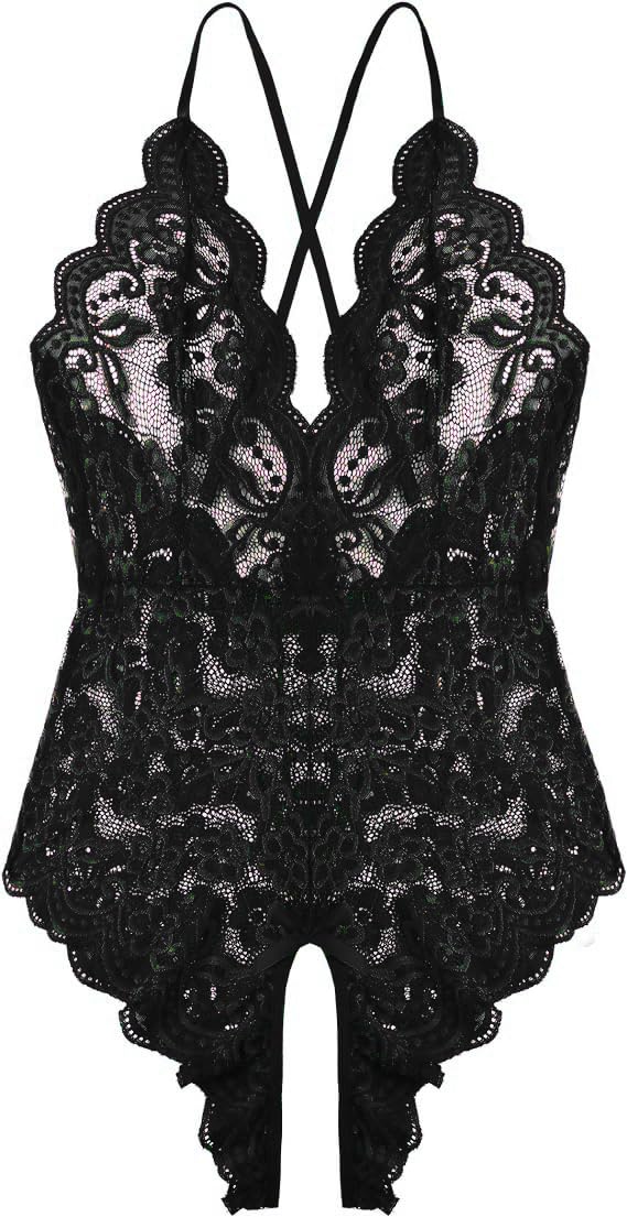 LahaimaWomen One Piece Lingerie Sexy Teddy Lingerie V Neck Sexy Bodysuit Lace Nightie