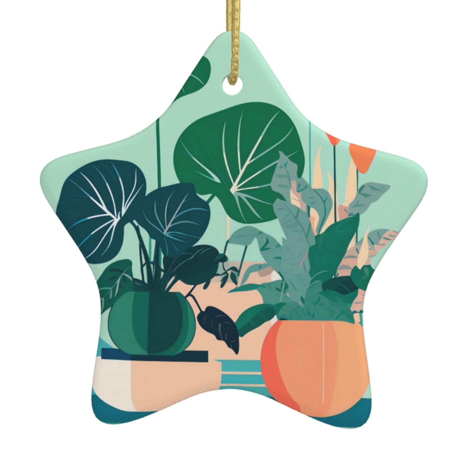 Indoor Cartoon Potted Green Plants Christmas Ceramic Star Pendant with Punched Holes and Gold Wire Rope, Christmas Tree Home Decoration