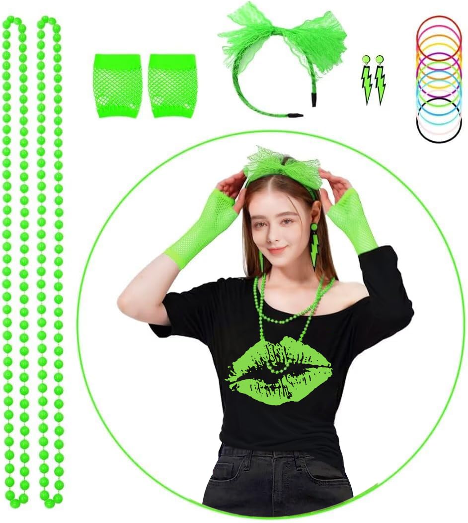 ELFIN 8 Pieces Women 80s Fancy Dress Off Shoulder Tops Lip Print 80s T-Shirt Warmers Fishnet Gloves Necklace Earring 1980s Costumes Outfit Accessories Retro Theme Party Cosplay - Image 2