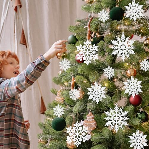 MSQ 36PCS Snowflakes-Christmas Tree Decorations,White Plastic Glitter Snowflake Ornaments Various Size Plastic Christmas Tree Decorations for Christmas Winter Wonderland Decor