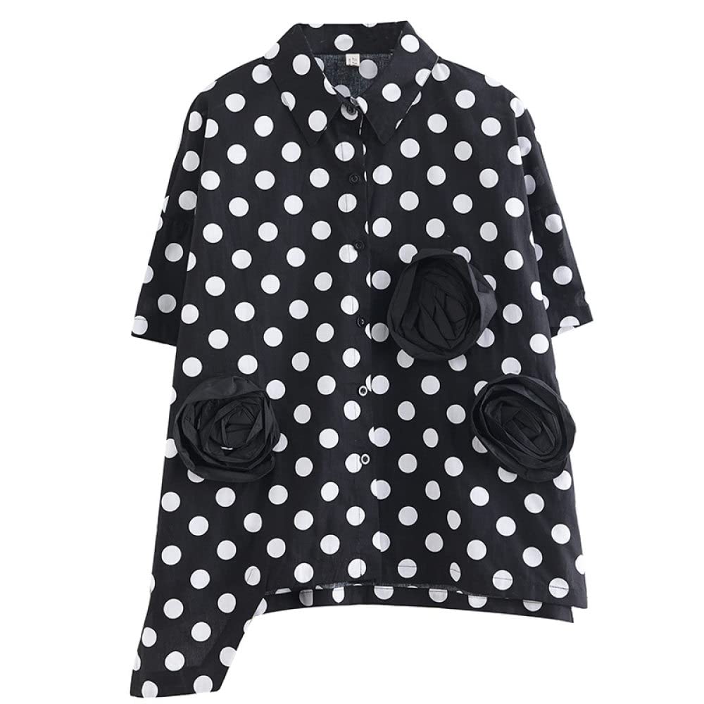 Damen Hemd,Damen-Sommer-Kurzarmhemden, Schwarzer Polka-Dot-Druck, Revers-Knopf-Strickjacke, Dreidimensionale Blume, Unregelmäßiger Saum, Modische Jacke, Lockere, Schicke Tops, Lässige Bluse Für