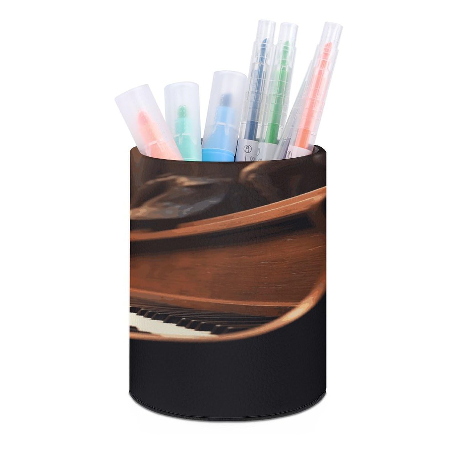 JTREHY Owl Plays Piano Pen Holder Round Pen Pencil Holder Makeup Brush Holders Cup PU Leather Pencil Cups Desktop Caddy Stationery Organizer Case Office Accessories Container Box