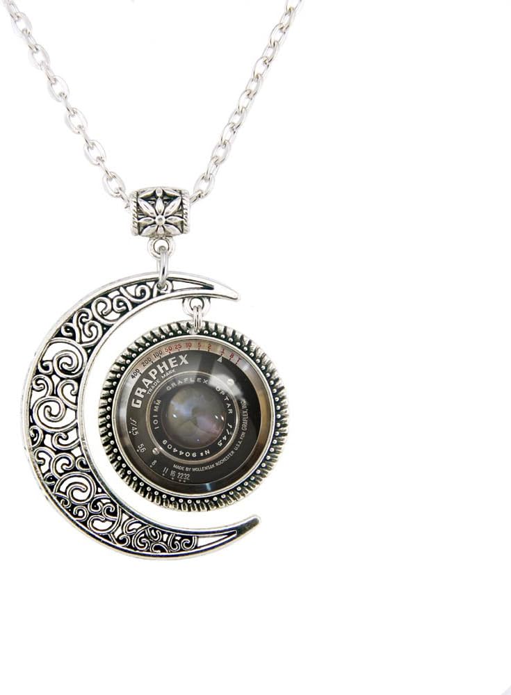 Camera necklace Moon pendant Photo printing handmade production Black grey lens Grahpex jewelry Photographer artist travel sport Gift Custom picture