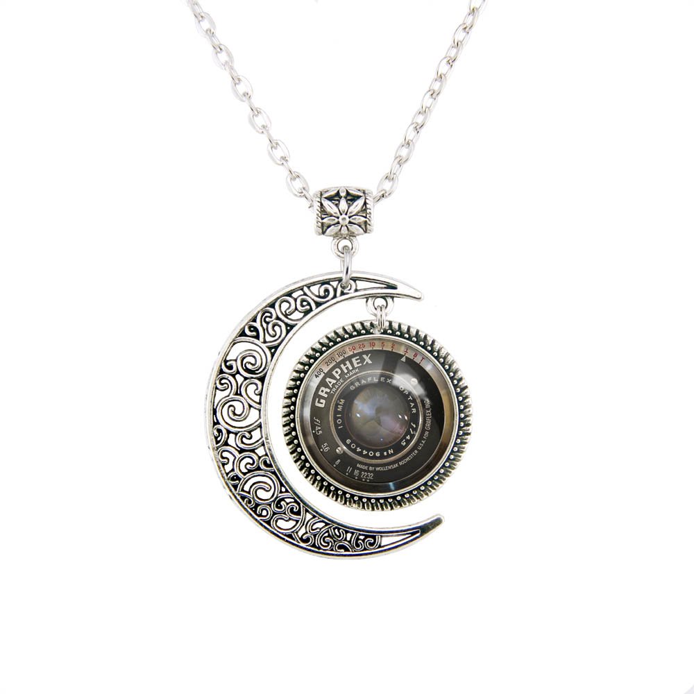 LERYDESICamera necklace Moon pendant Photo printing handmade production Black grey lens Grahpex jewelry Photographer artist travel sport Gift Custom picture