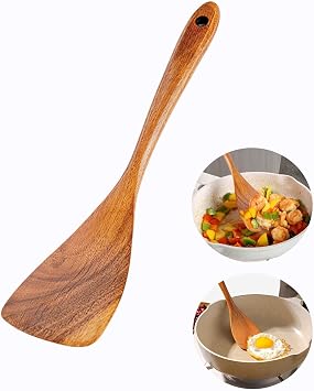 Wooden Spatula, Turner Spatula, Long Handle Flat for Cooking Frying Baking | Ideal Kitchen Gift for Mom & Grandma, Food-Grade Wooden Spatula for Nonstick Pans Heat Proof Plastic-Free for Cooking Baking