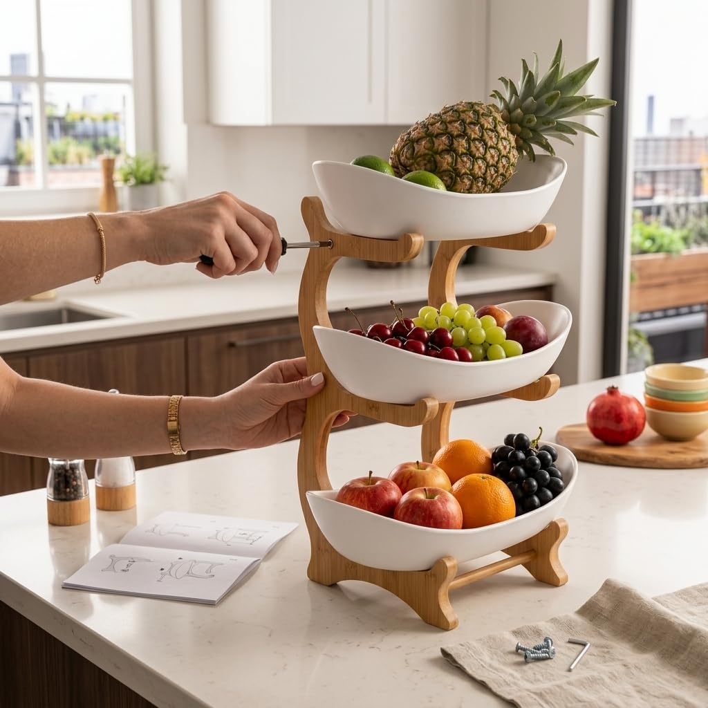 3 Tier Bamboo Fruit Basket with Removable Bowls Kitchen Countertop Organizer