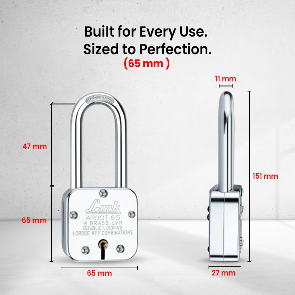 Link® Atoot 65Lsmm Long Shackle | 1 Crore Key Combinations | Steel Body | Hardened Shackle | 9 Brass Lever | Made in India | Each Padlock with 3 Silver Keys (Pack of 2) — Amazon image 4