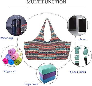Anjing Large Capacity Bohemian Ethnic Style Print Canvas Yoga Bag Yoga Mat Bag with Pockets