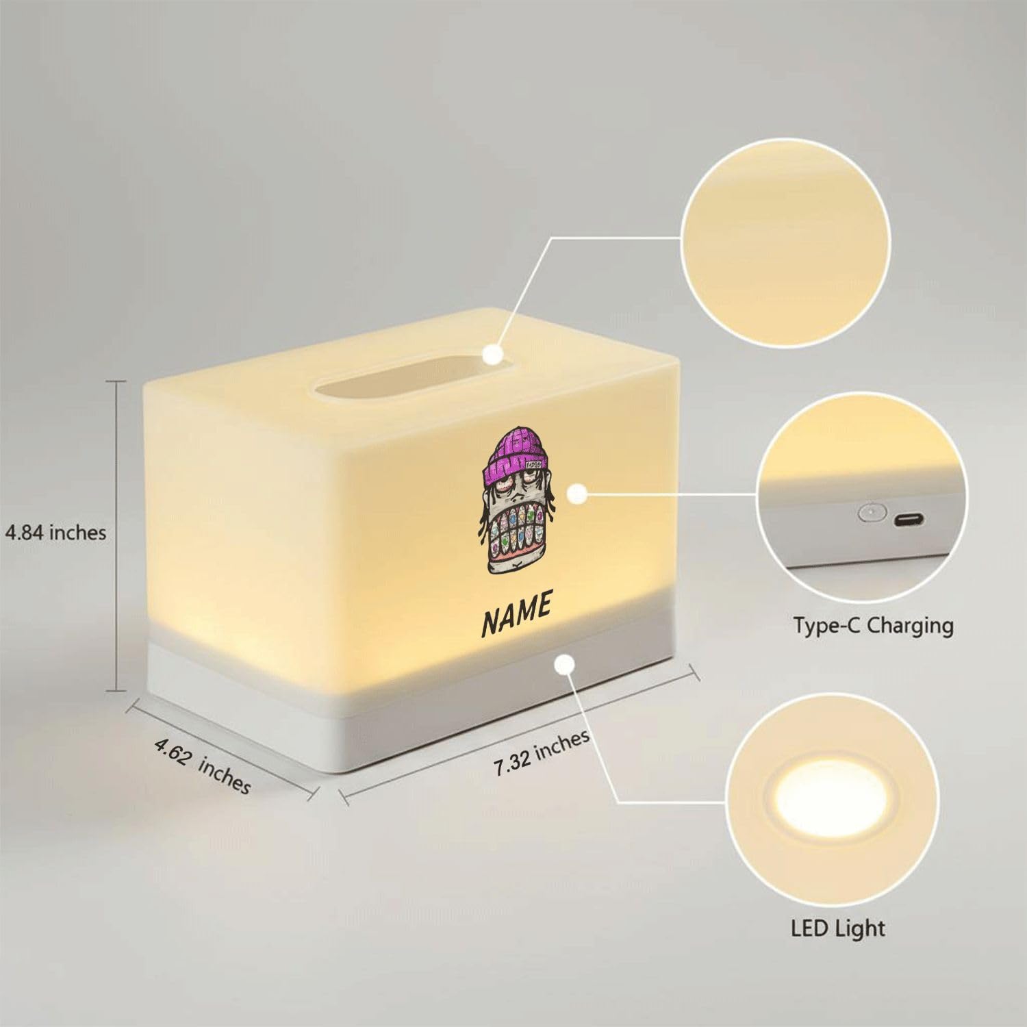Custom Name Tissue Box Cover with LED Night Light - Personalized Monster Graphic Rechargeable Lamp for Bedroom Nightstand Decor image 2