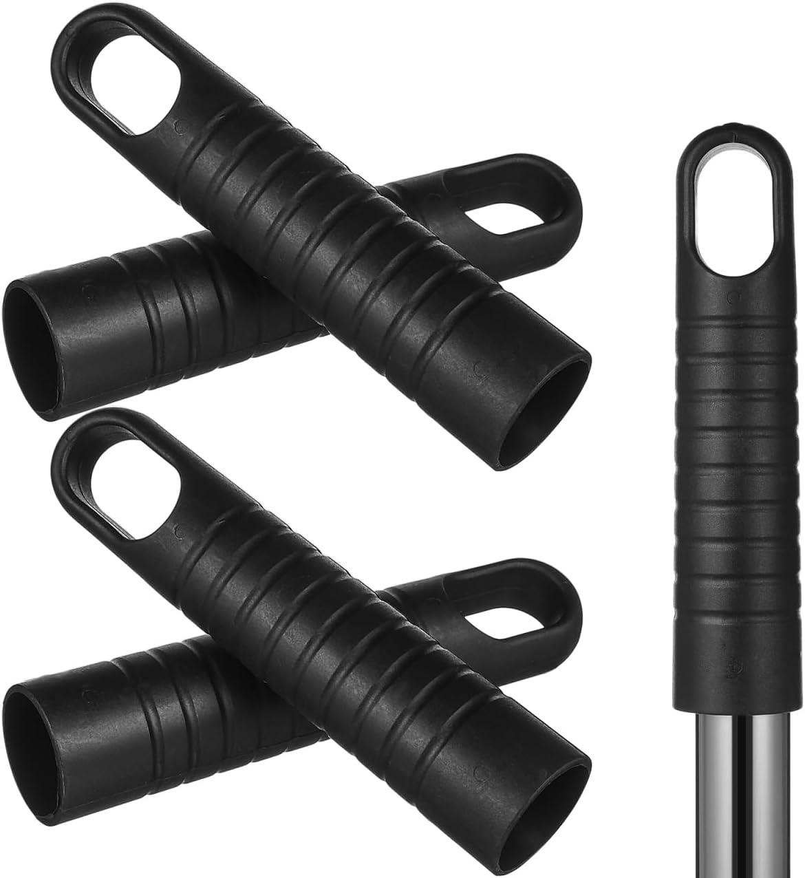 STOBAZA 25mm Mop Handle End Cap 6Pcs Replacement Broom Handle Cap with Hanging Hole, 1mm Thick Black Plastic Sleeve for 25 mm Poles, Clip-On Broom Stick Cover, No-Tool Install
